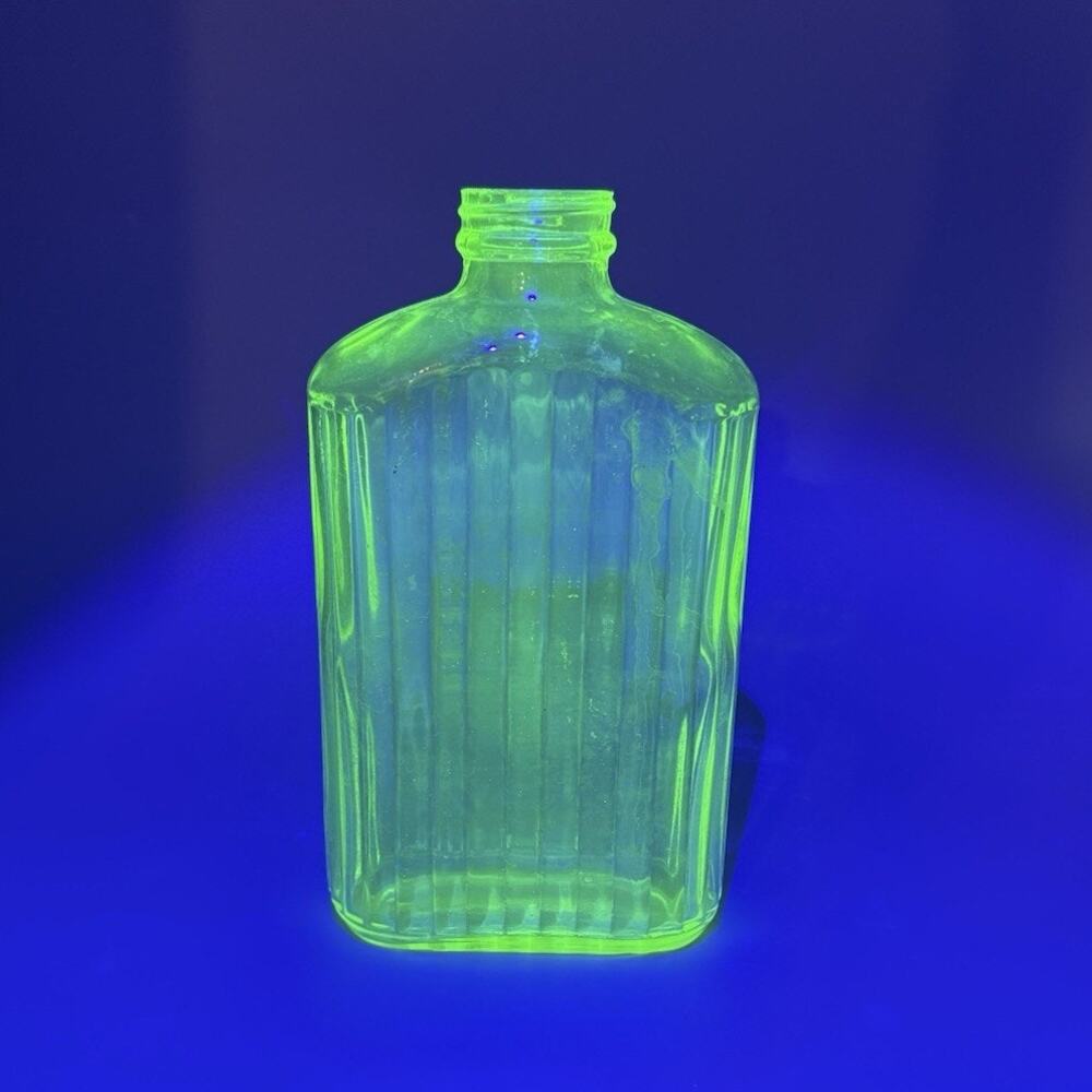Vintage 1920s Anchor Hocking Ribbed Uranium Glass Water Bottle NO LID